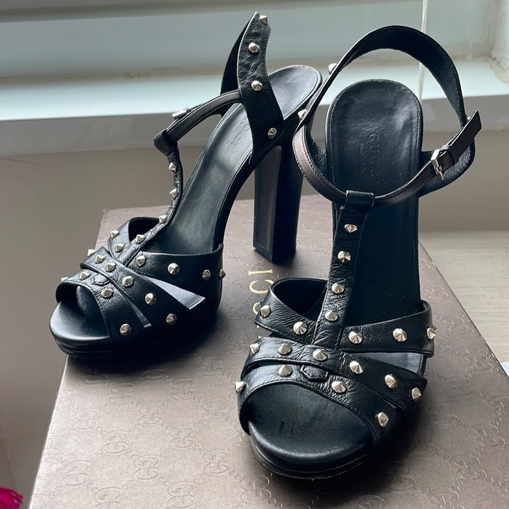 Gucci Melville black heeled sandal with silver studs- original box included!